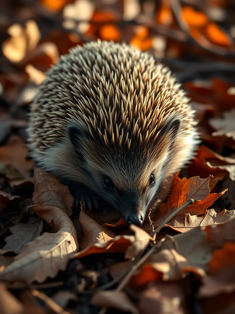A detailed close-up of a European hedgehog foraging for insects among fallen leaves, highlighting its unique defense mechanisms and nocturnal habits.
