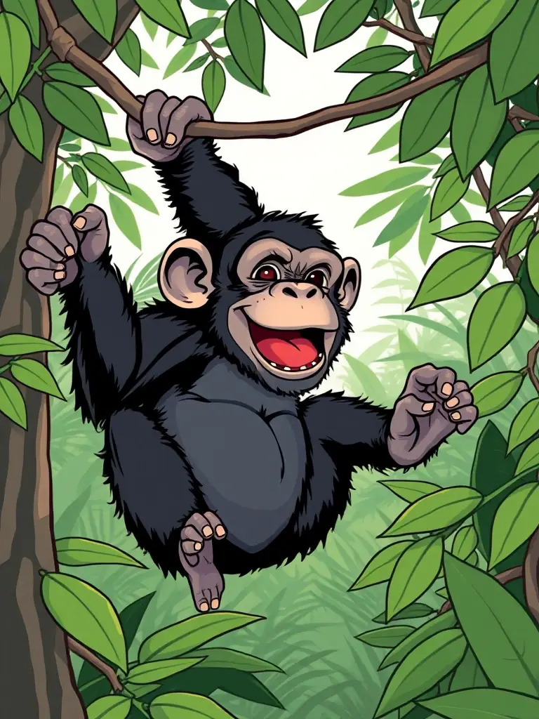 A playful image of a chimpanzee swinging through the trees in the jungle, showcasing its agility and intelligence.
