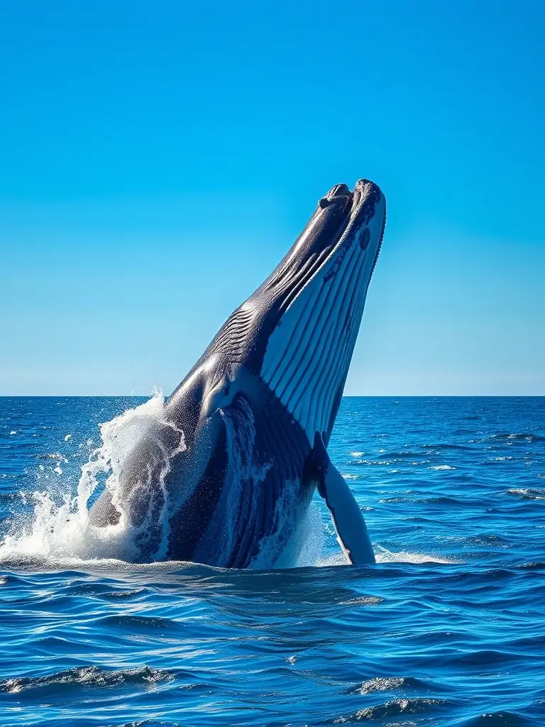 A majestic humpback whale breaching the ocean surface, illustrating the scale and wonder of marine mammals for the AnimalsWorld website.