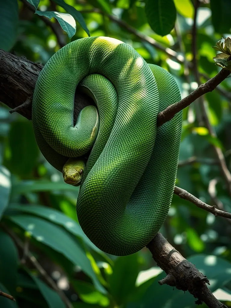 A striking image of a green tree python coiled around a branch in the jungle, blending seamlessly with the foliage.