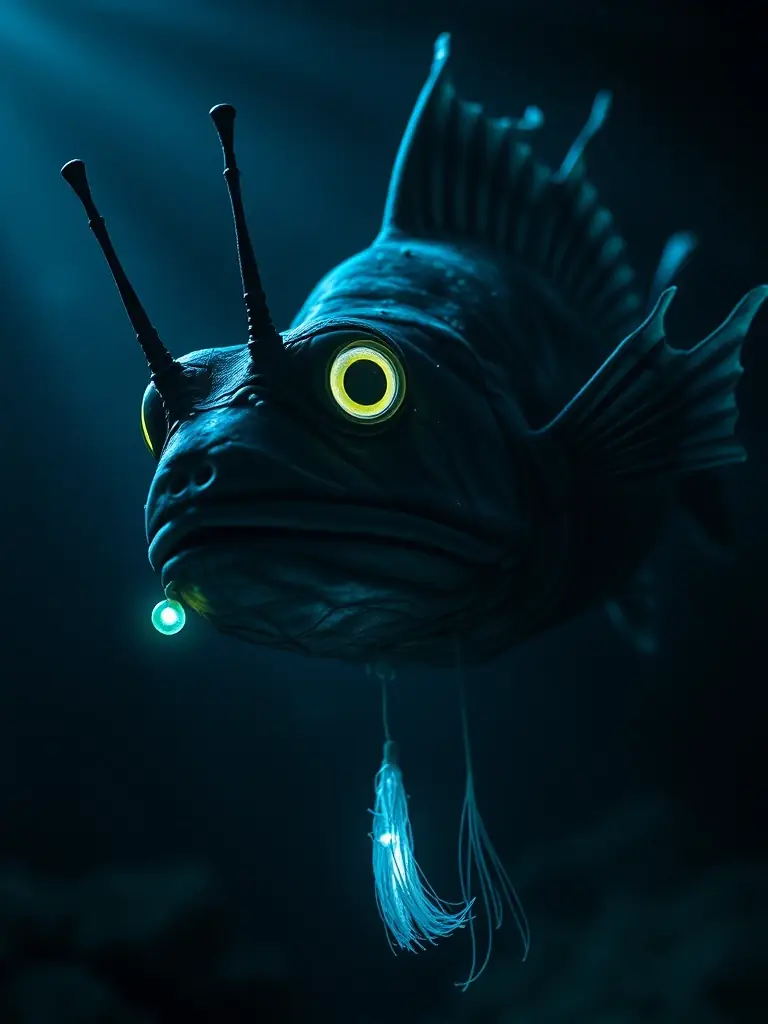 A deep-sea anglerfish with its bioluminescent lure, representing the unique adaptations of creatures in the ocean's depths for the AnimalsWorld website.