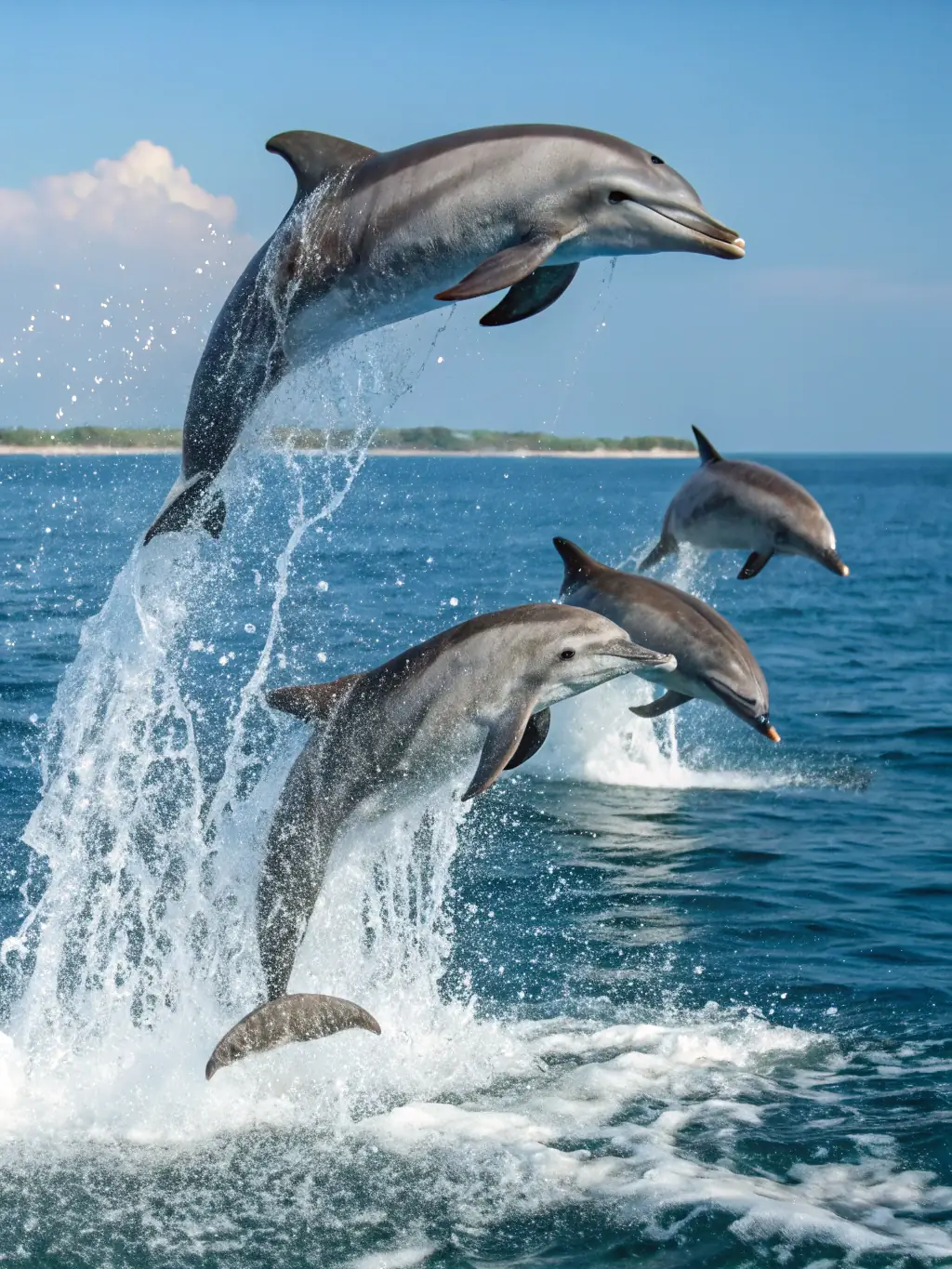 A playful pod of dolphins swimming in the open ocean, highlighting their intelligence and social nature for the AnimalsWorld website.