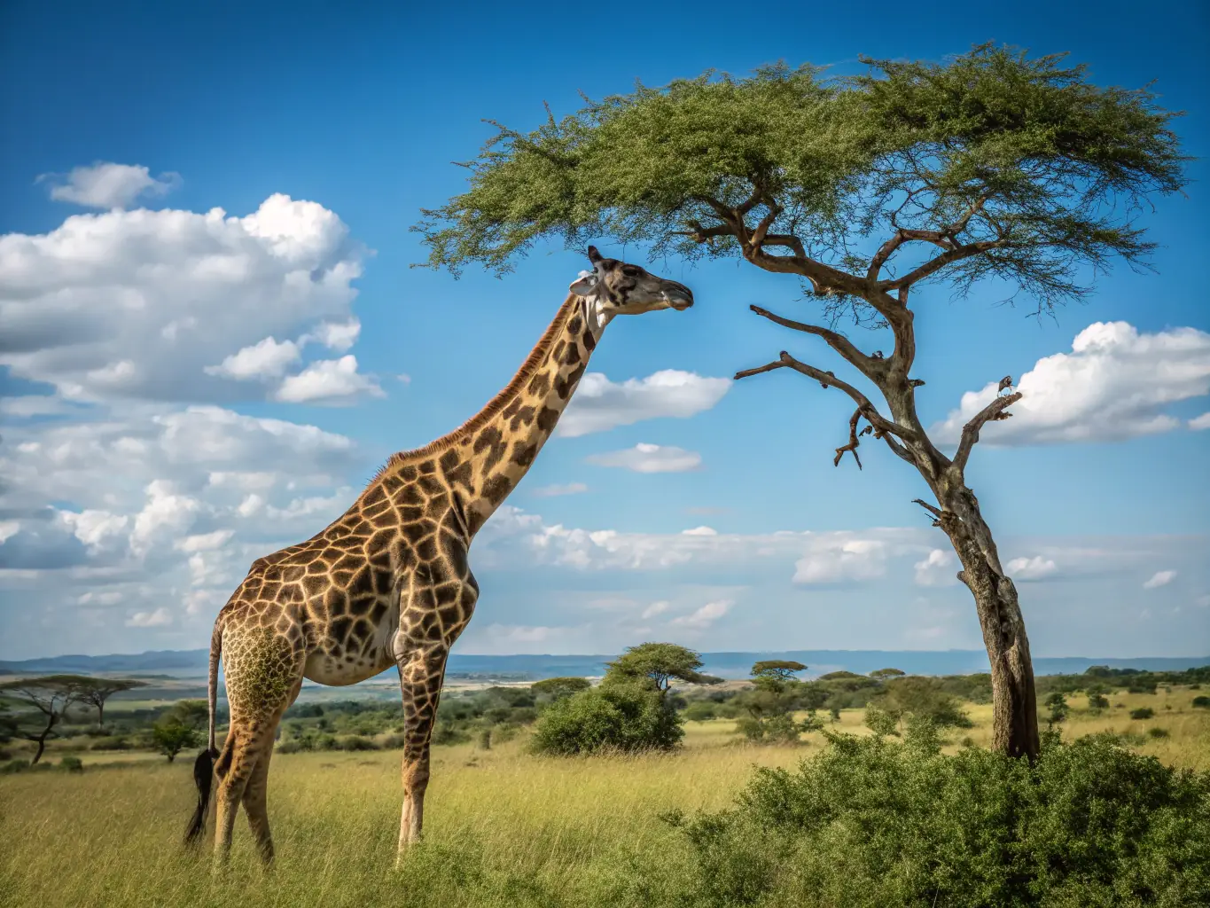A vibrant image of a giraffe gracefully reaching for leaves on a tall acacia tree in the African savanna, with a clear blue sky in the background.