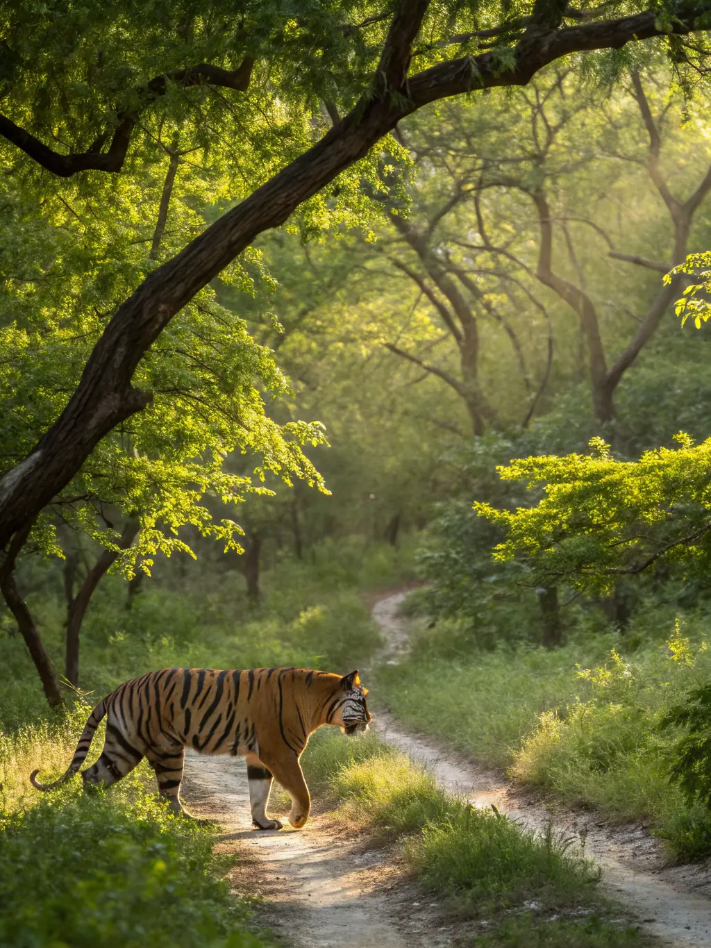 A vibrant image of a Bengal tiger prowling through dense jungle foliage, sunlight filtering through the canopy.