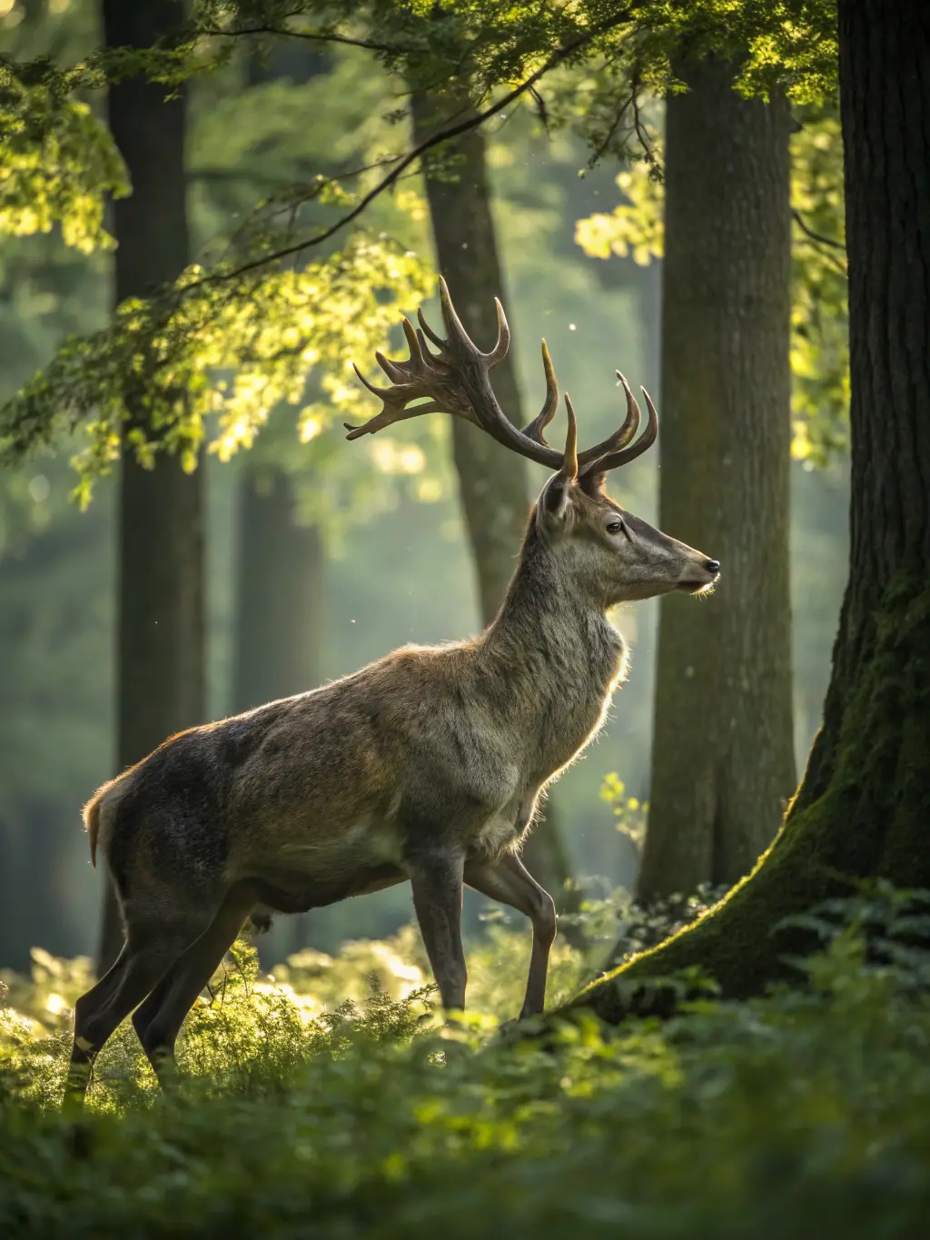 A majestic stag standing in a sun-dappled forest clearing, showcasing its impressive antlers and muscular build, representing the strength and beauty of forest wildlife.