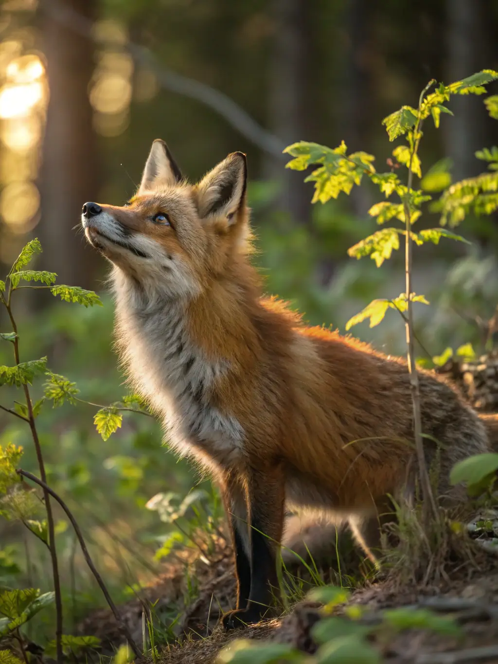 A playful red fox kit exploring the undergrowth of a dense forest, capturing its curiosity and adaptability to different forest environments.