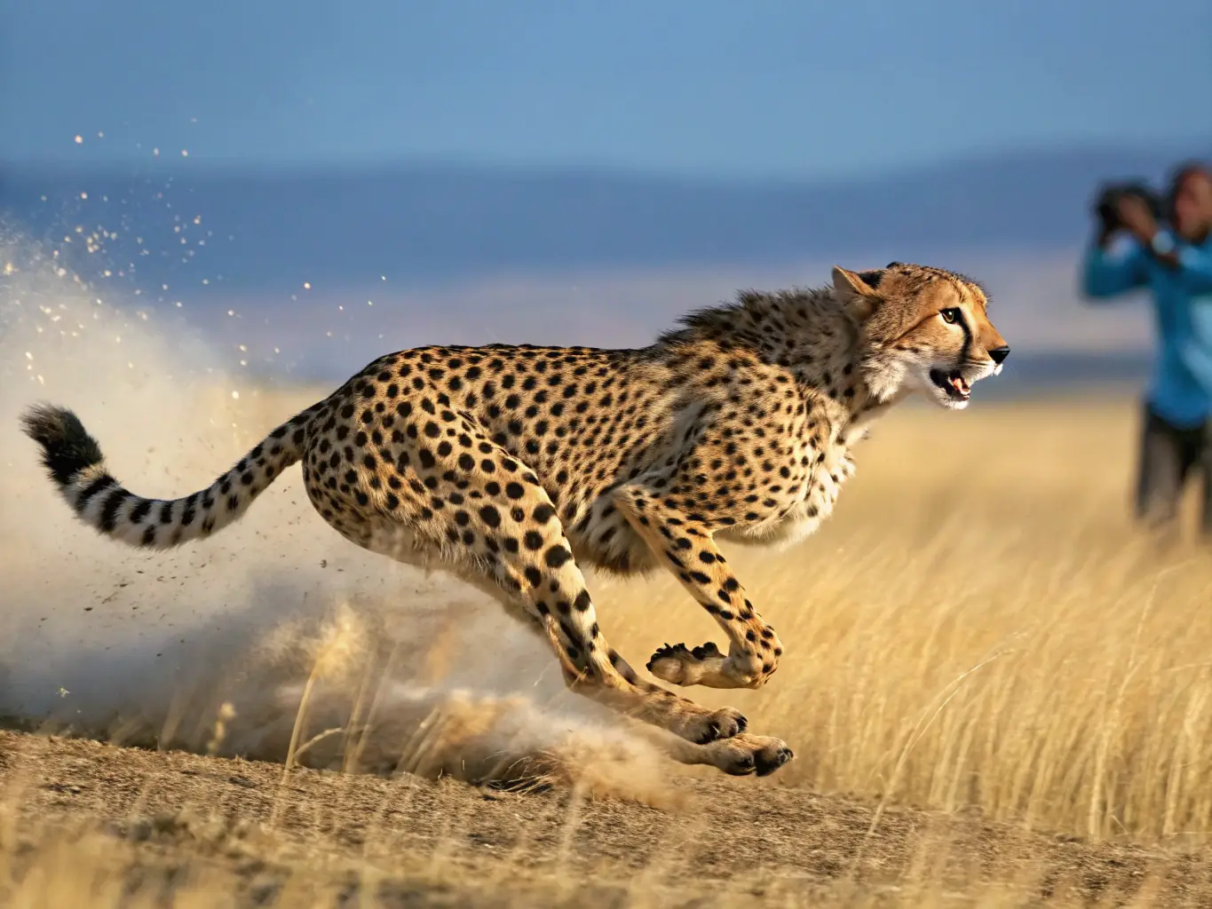 A dynamic image of a cheetah sprinting across the savanna, chasing its prey with incredible speed and agility.