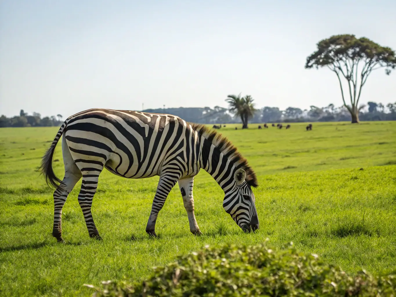 A serene image of a herd of zebras grazing peacefully on the savanna, their black and white stripes creating a striking pattern against the golden grass.