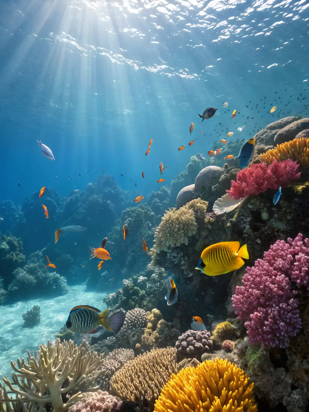 A vibrant coral reef teeming with colorful fish, showcasing the biodiversity of ocean ecosystems for the AnimalsWorld website.