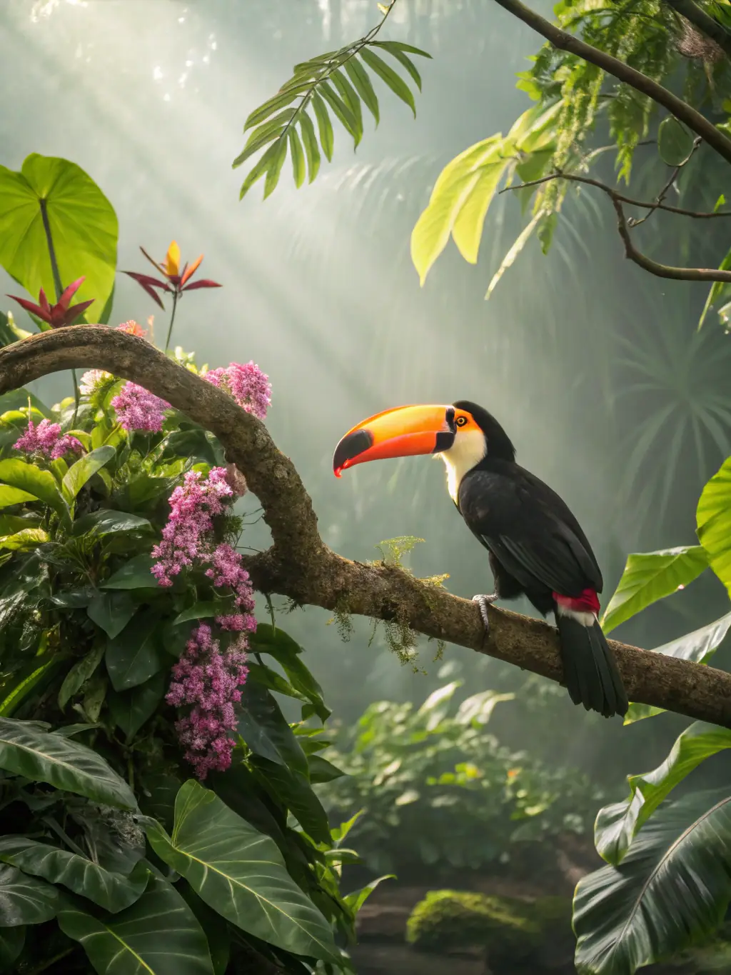 A colorful image of a toucan perched on a branch in the rainforest, showcasing its large bill and bright plumage.