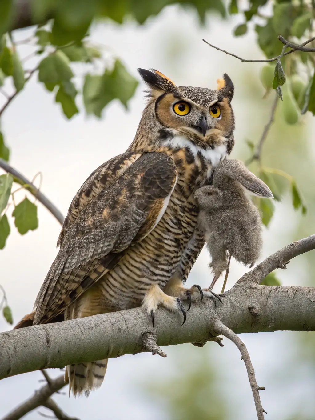 A vibrant image of a great horned owl perched on a branch in a dense forest, emphasizing its keen eyesight and silent flight capabilities as a top predator.